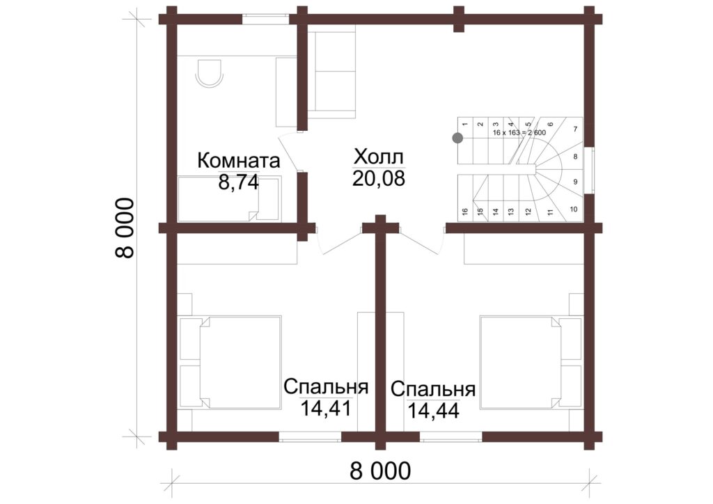 Проект бревенчатого дома "Равновесие" 8x10,7м