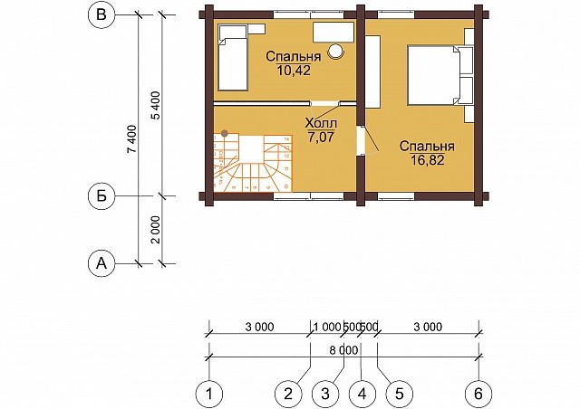 Проект бревенчатого дома Надежность 7,4x8м