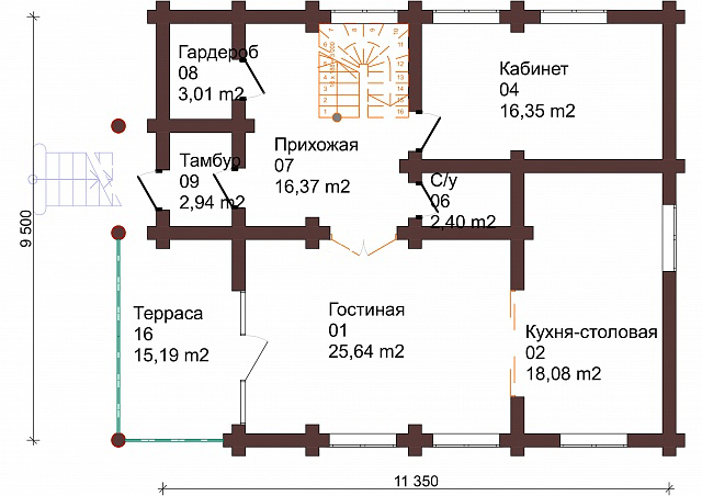 Проект бревенчатого дома Ротшильд 9,5x11 м