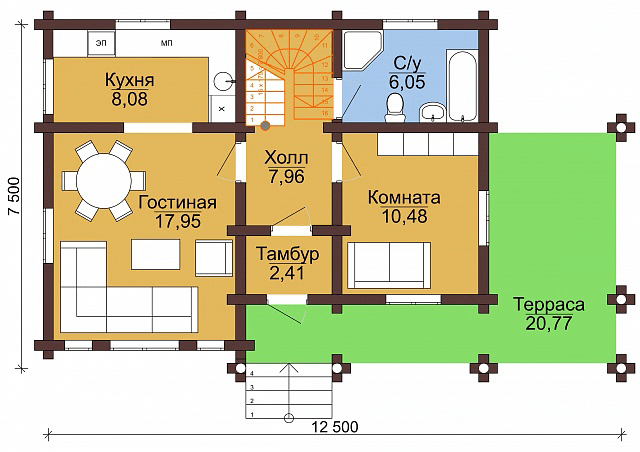 Проект бревенчатого дома "Викинг" 7,5x12,5м