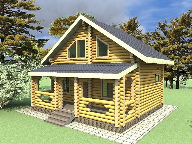 Проект бревенчатого дома "Надежность" 7,4x8м
